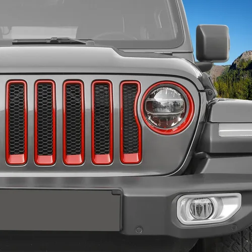 Vista 7 de CheroCar Insertos de malla frontal y biseles de faros delanteros de ojos enojados, ajuste para Jeep Wrangler JL JLU y Gladiator JT, accesorios Rojo