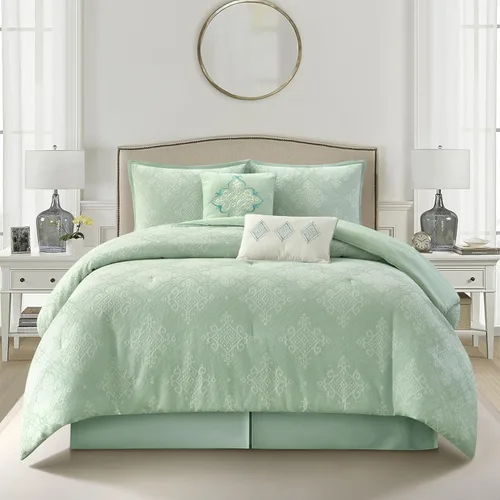 Vista 15 de Conjunto de edredón de algodón Grand Avenue tamaño Queen, 6 piezas, juego de ropa de cama geométrica jaspeada beige, faldón para cama, almohadas