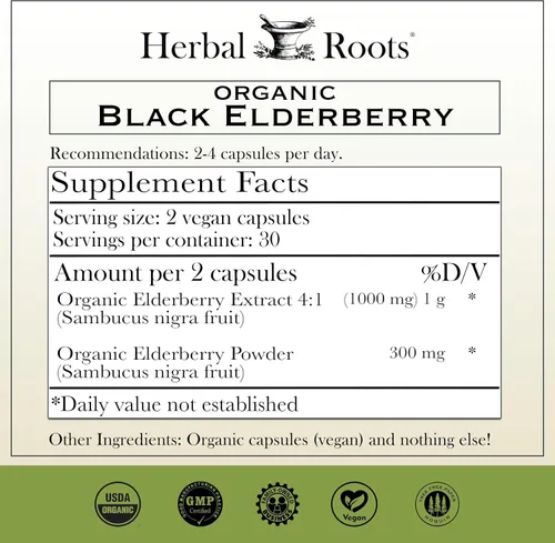 Vista 2 de Cápsulas de saúco orgánico Herbal Roots Máxima potencia Hechas con Sambucus orgánico 60 cápsulas veganas