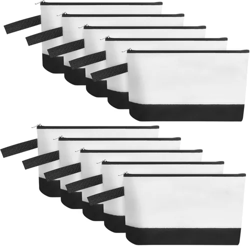 Vista 17 de 10 bolsas de maquillaje de lona de algodón con parte inferior y correa, bolsa de cosméticos multiusos con cremallera, bolsa de aseo de viaje, bolsa