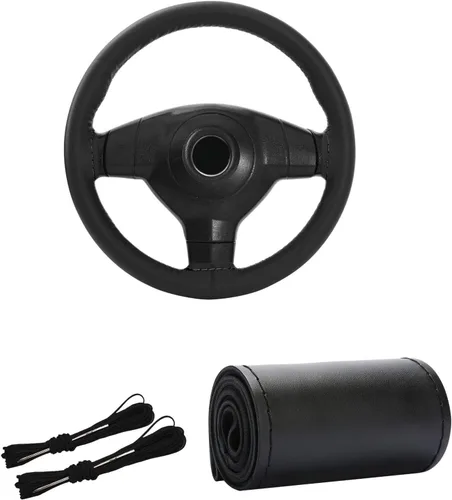 Vista 9 de Kewucn Funda de cuero genuino para volante, protector universal de 15 pulgadas para volante de automóvil con hilo de aguja, funda transpirable Beige