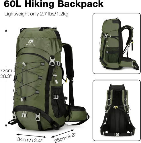 Vista 2 de Mochila de senderismo impermeable de 60L con cubierta de lluvia para hombres y mujeres, mochila de camping grande, verde
