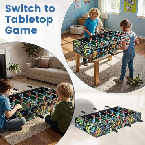 Vista 3 de GYMAX Mesa de futbolín, juego de mesa de fútbol de 37 pulgadas con 2 bolas, anotadores manuales, construcción de MDF resistente para sala