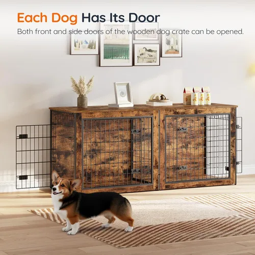 Vista 3 de HOOBRO Mueble de jaula para perros para 2 perros, mueble de jaula grande de 63" con divisor, jaula de interior de madera con soporte para TV
