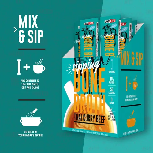 Vista 5 de LonoLife - Sobres individuales de caldo de hueso de ternera al curry tailandés: 0.35 onzas de proteína, apto para dieta Keto, recipiente a granel