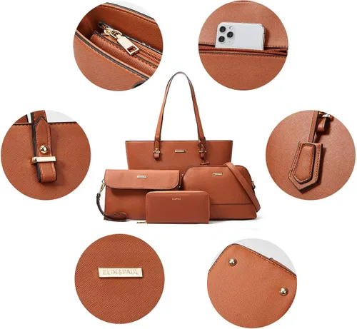 Vista 3 de Juego de 4 piezas bolsa grande con asa superior, bolsa de hombro, bolsa de mano y cartera de estilo moderno para mujer