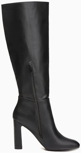 Vista 4 de Coutgo Botas altas de tacón grueso para mujer, botas altas clásicas de cuero con punta cuadrada con cremallera