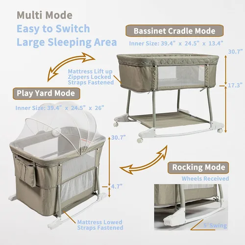 Vista 3 de Cuna multifuncional para bebé, cuna de noche para recién nacido, cuna mecedora para bebés y niños pequeños con base de rueda, portátil y ajustable