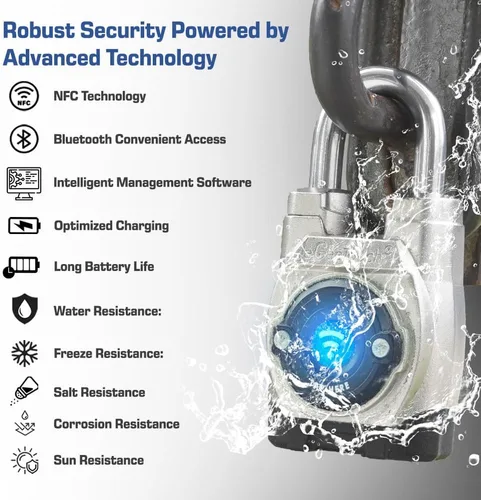 Vista 6 de eGeeTouch 5th GEN - Candado inteligente para exteriores (paquete de 6, grillete largo) Bluetooth sin llave y bloqueo NFC, seguridad resistente a