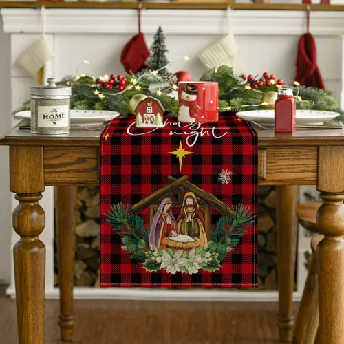 Vista 3 de Artoid Mode Buffalo - Camino de mesa de Navidad con cabaña de troncos a cuadros, decoración de mesa de comedor de cocina de invierno