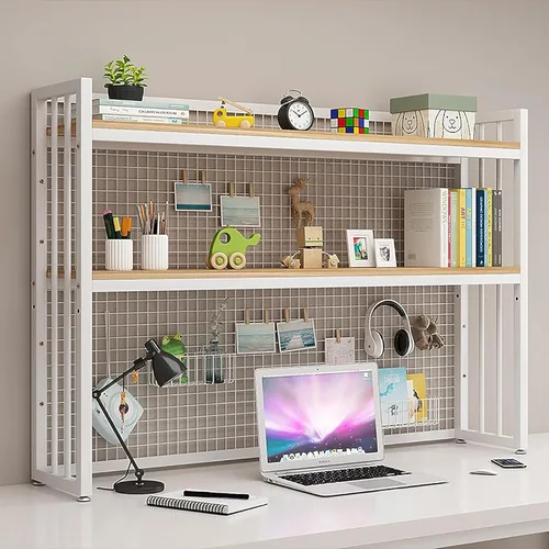 Vista 13 de Estantería de escritorio de 2 niveles para escritorio de computadora, pantalla ajustable, estantería de madera para encimera, estante de escritorio