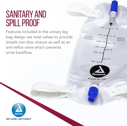Vista 3 de Dynarex Bolsa para piernas urinarias, para usar con catéter, tiene un cierre antigoteo y válvula antirreflujo, capacidad de 20.3 fl oz/20 oz