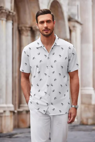Vista 61 de COOFANDY Camisa casual con botones para hombre, manga corta, sin arrugas, camisa de verano