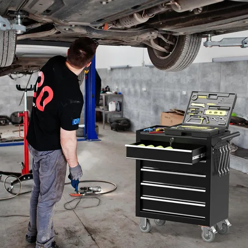Vista 7 de Caja de herramientas con 5 cajones de metal, portátil, con ruedas, caja de herramientas con cerradura para almacén, garaje, taller de reparación