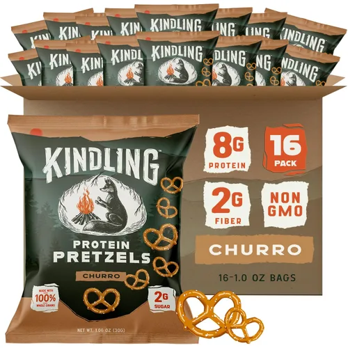 Kindling Pretzels de proteína - Churro | Bolsas de tamaño de aperitivo llenas de proteínas | Kosher | 0.28-0.32 oz de proteína por porción | Sin