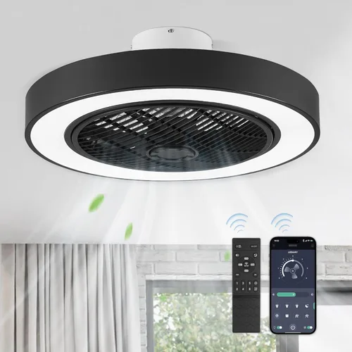 Vista 10 de LEDIARY Ventiladores de techo de perfil bajo de 22 pulgadas con luces, ventilador de techo sin aspas LED, ventilador de techo cerrado con control