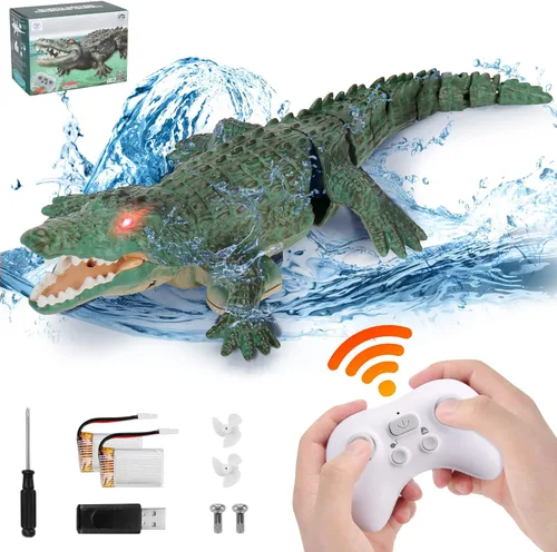 Vista 8 de GearRoot Juguete de barco de cocodrilo a control remoto, escala 1:18, cocodrilo RC de alta simulación para piscina, baño, gran regalo, barco a