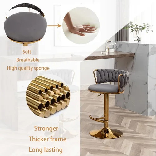 Vista 16 de Juego de 4 taburetes de bar de terciopelo dorado, taburetes de bar con respaldo bajo, taburete de bar giratorio para isla de cocina, pub (verde)
