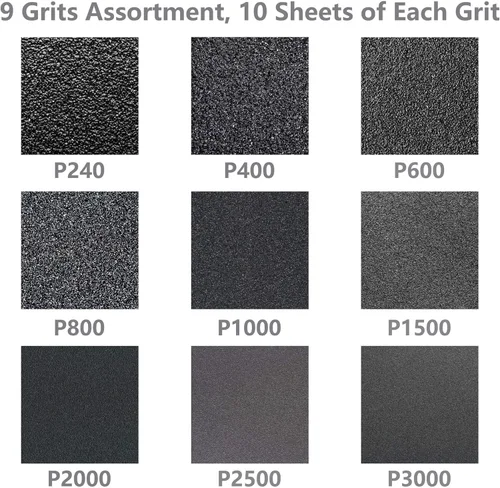 Vista 3 de Papel de lija húmedo y seco, grano surtido 240-3000 para lijado automotriz y de madera, 90 hojas