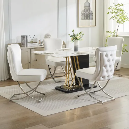 Vista 6 de Sillas de Comedor de Terciopelo de Lujo, Sillas de Acento Tapizadas Capitoné sin Brazos con Patas de Metal Plateado en Forma de X, Juego de 2 Sillas