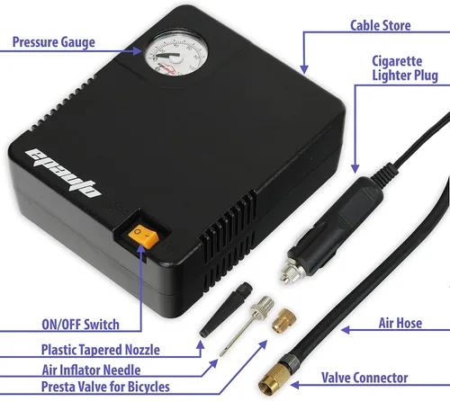 Vista 9 de EPAuto bomba de compresor de aire portable para auto 12 V DC, inflador de llantas para vehículo utilitario mediano/compacto.