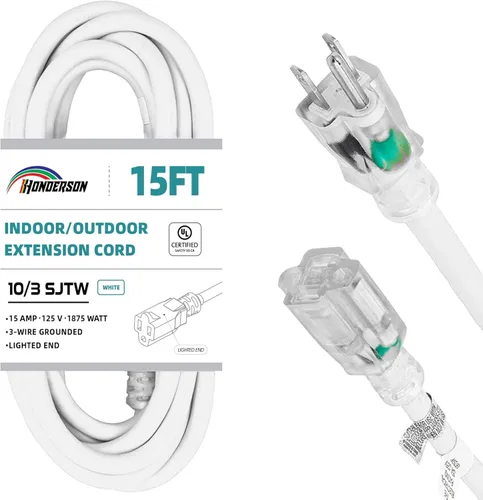 Vista 18 de Cable de extensión iluminado de 3 pies, cable de extensión blanco resistente SJTW 10/3 con enchufe de conexión a tierra de 3 clavijas para mayor