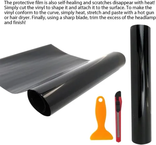 Vista 2 de Película de vinilo negro oscuro de 72 x 12 pulgadas para faros delanteros de automóvil, luces antiniebla, tintado, calcomanías autoadhesivas