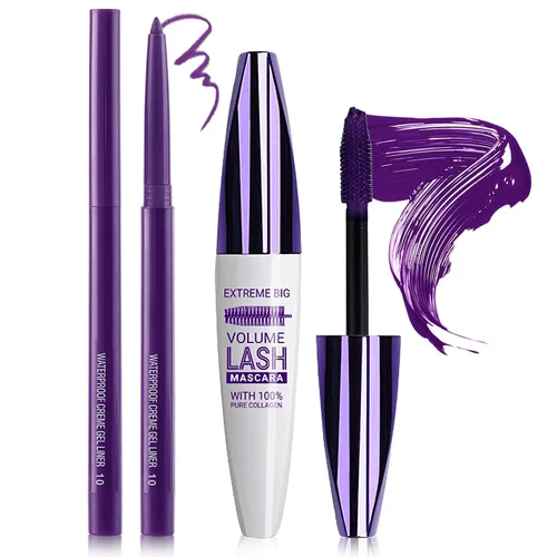 Juego de rímel y delineador de ojos morado 5D, volumen y longitud Máscara de pestañas coloreada a prueba de manchas, sin grumos ni descamaciones