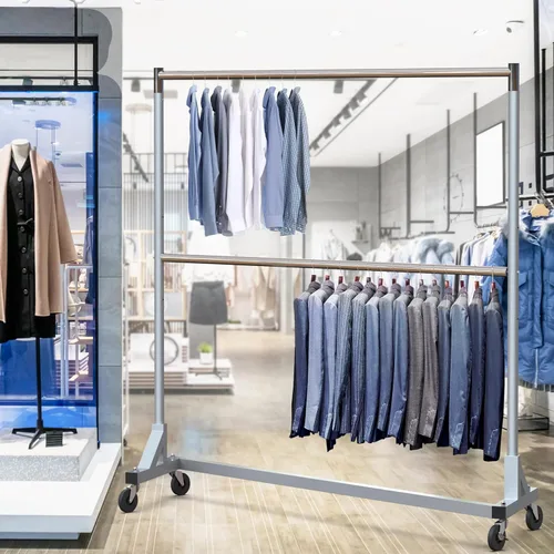 Vista 2 de Simple Houseware Estante para ropa de doble barra con base en Z de grado comercial, carga de 600 libras, 63 pulgadas, plateado