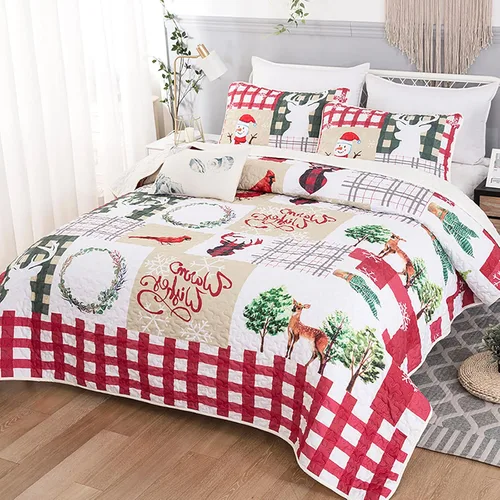 Vista 2 de Juego de edredón de Navidad, ropa de cama rústica con estampado de Papá Noel y muñeco de nieve, colcha acolchada sólida con 2 fundas de almohada