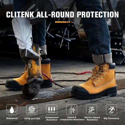 Vista 2 de Botas de trabajo con punta de acero para hombre, impermeables, de cuero aceitado de grano completo de 6 pulgadas, antideslizantes, a prueba