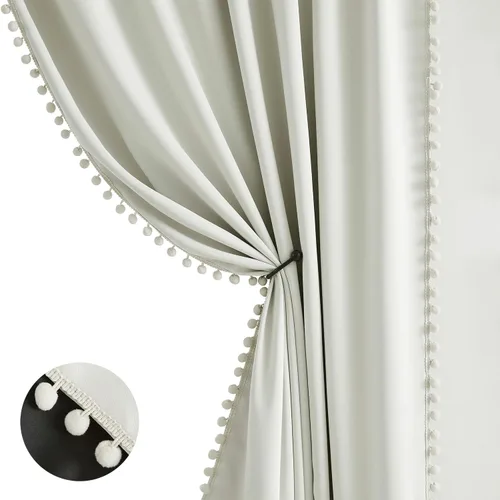 Vista 24 de Treatmentex - 2 cortinas medio opacas, con pompones, de color negro, de 45 pulgadas, con bolsillo para cortinero y cortas para ventana pequeña