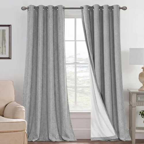 Vista 24 de H.VERSAILTEX Cortinas 100% opacas con aislamiento térmico, texturizadas, de lino, con bloqueo completo de calor y luz, para sala de estar y Negro