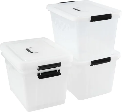 Vista 9 de Bringer Paquete de 4 cajas de almacenamiento de plástico transparente de 30 L, contenedor de almacenamiento grande con ruedas con tapa