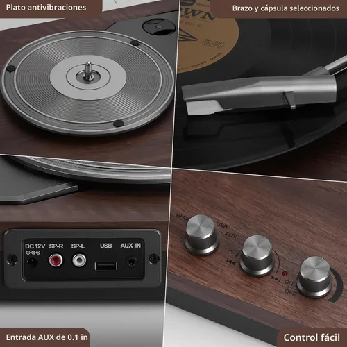 Vista 5 de Tocadiscos, tocadiscos de 3 velocidades con dos altavoces externos de 15 W, entrada Bluetooth, entrada auxiliar, reproducción USB y grabación