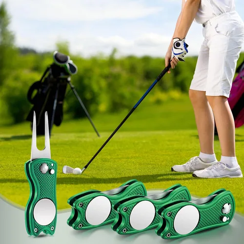 Vista 5 de Skylety 4 piezas herramienta de reparación de divot de golf plegable de metal con botón emergente magnético, marcador de bolas de acero inoxidable
