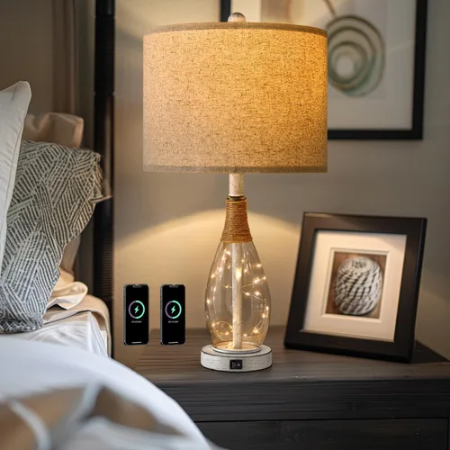 Vista 6 de OYEARS Lámpara de Mesa USB A+C de 23" para Dormitorio Sala de Estar Lámparas de Cabecera Modernas Retro Estilo Granja Ratán Cristal Mesita de Noche