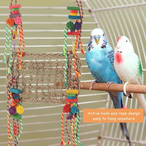 Vista 3 de Juguete de pared de forrajeo de pájaros, juguetes para masticar loros, hamaca tejida de hierba marina con cuerdas de colores, bloques de madera