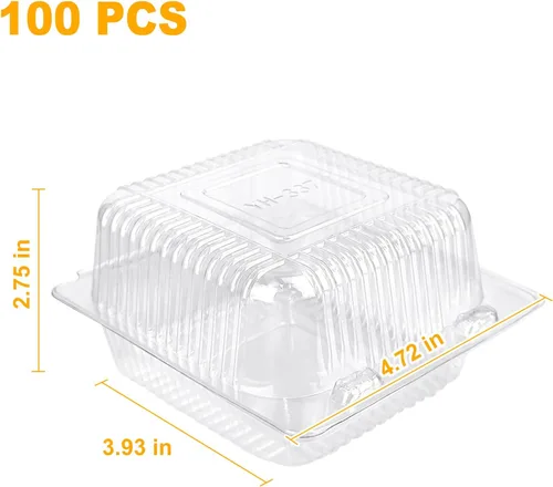 Vista 2 de Paquete de 100 Contenedores de Almeja Desechables de Plástico Transparente de 5 x 5 pulgadas, Contenedor de Postre de Almeja con Bisagras