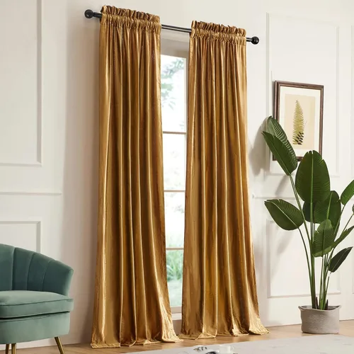 Vista 4 de Cortinas doradas de 108 pulgadas para sala de estar, cortinas opacas de terciopelo con bolsillo para barra, cortinas para ventana, tratamiento
