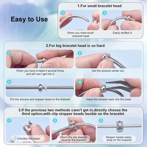 Vista 4 de DALARAN Cuentas de tapón para pulseras de plata de ley 925 con clip espaciador para pulsera