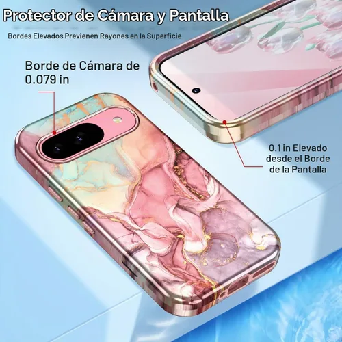 Vista 4 de Btscase Funda para Google Pixel 9 Pro 2024 [grado militar a prueba de golpes] elegante patrón de mármol delgado protector 3 capas de policarbonato