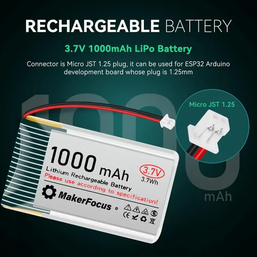 Vista 2 de 2pcs 3.7V 1000mAh batería de polímero de litio 1S 1C batería recargable con placa de protección, cinta de goma aislada y micro JST 1.25 enchufe