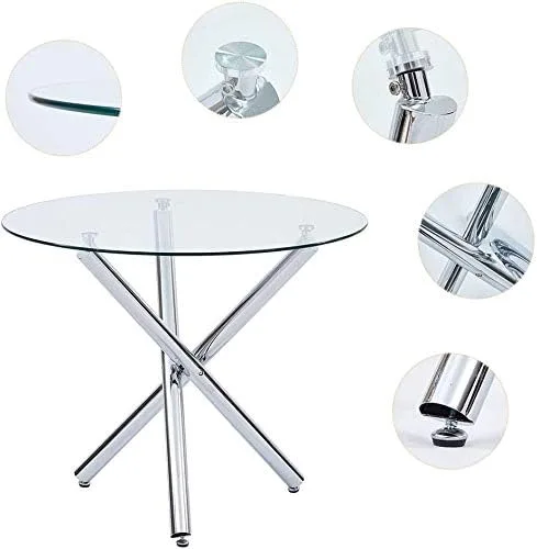 Vista 5 de Mesa de comedor de cristal, mesa de comedor redonda de vidrio con tapa de vidrio templado transparente, mesa de comedor moderna, mesa de café de té