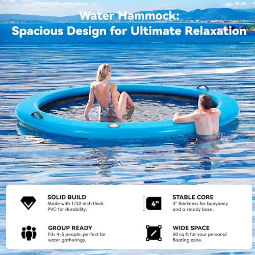 Vista 5 de 6-12FT Round Inflatable Floating Dock, Sunchill Float Ring, Water Hammock Tanning Pool Floats with Woven Fabric, Manual Pump for Quick
