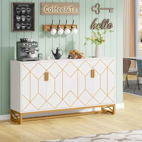 Tribesigns White Gold Storage Cabinet with Door and Adjustable Shelves for Living Room, Modern Floor Cabinets Long Sideboard Buffet Golden Coffee