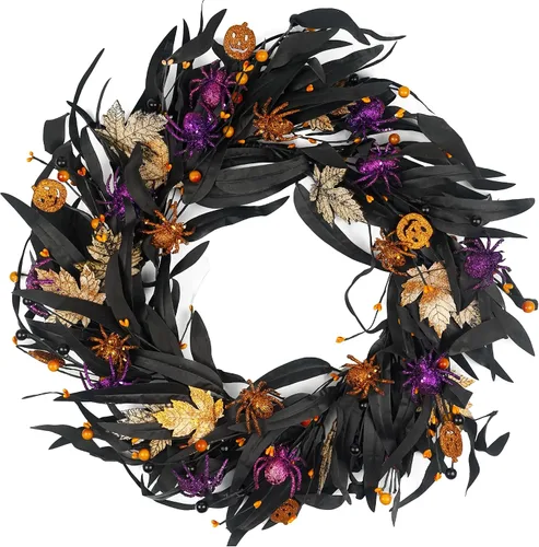 Corona de Halloween de 20 pulgadas con oliva, hoja de arce, calabaza y araña, decoración interior/exterior para otoño y otoño Negro