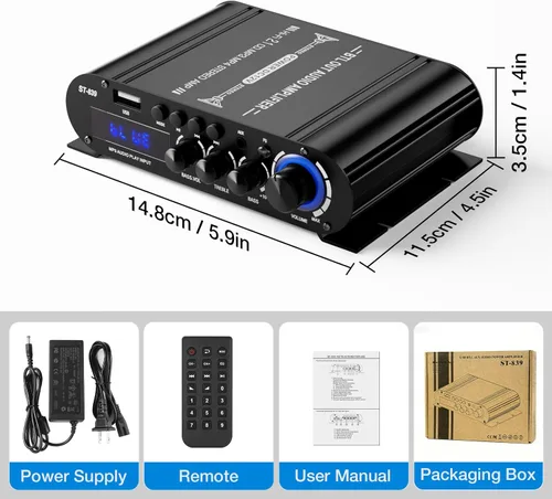 Vista 8 de Facmogu ST-839 2.1CH Mini amplificador estéreo Bluetooth, RMS 25Wx2+40W amplificador de potencia de salida de subwoofer, entrada USB/AUX/RCA