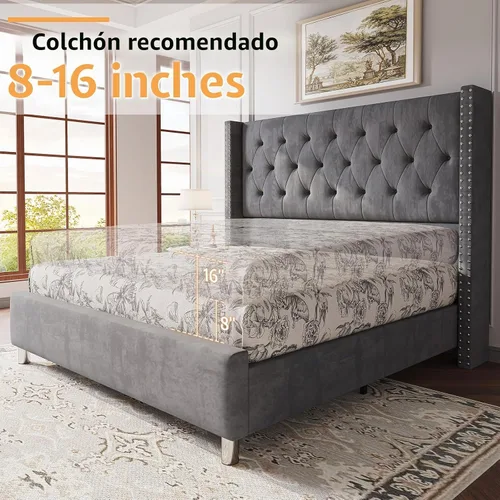 Vista 7 de PaPaJet Marco de cama de terciopelo Queen con cabecera de ala de 49.2 Gris