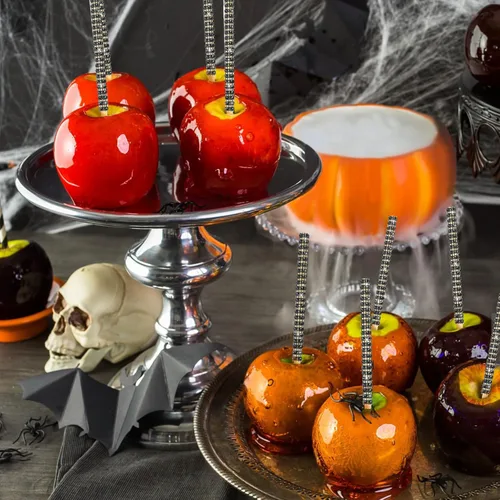 Vista 5 de 32 PIEZAS de Palitos de Manzana de Caramelo Brillantes de Bambú, Brochetas de Punta de Madera con Envoltura de Malla de Diamantes y Pedrería